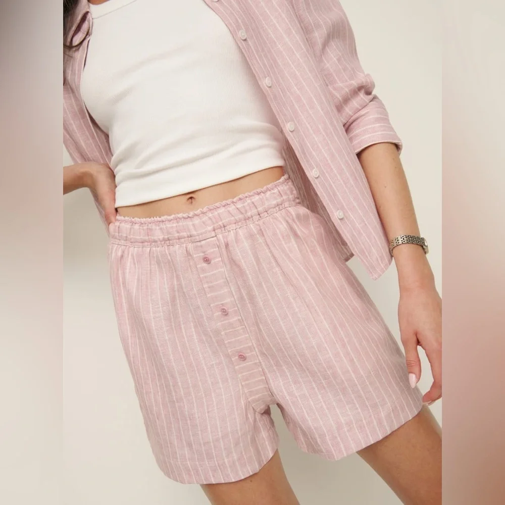 NWT Reformation Billy Linen Short Pink Baby Girl Striped Size XS - Picture 1 of 15